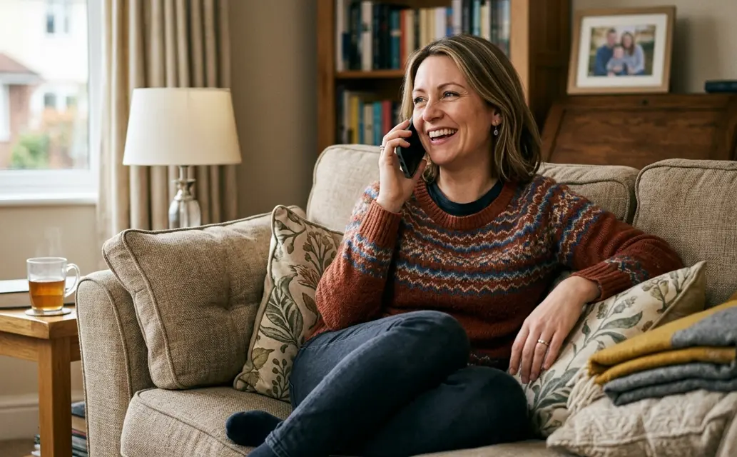 Woman on the phone on her sofa chatting